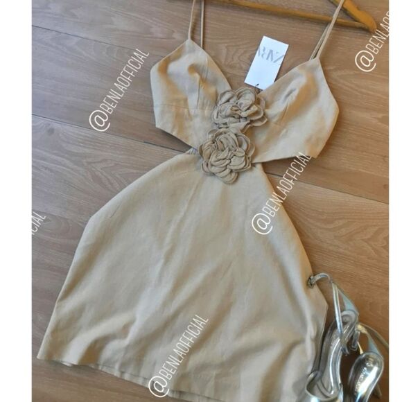 NWT ZARA Floral cut out linen dress beige - Picture 1 of 10